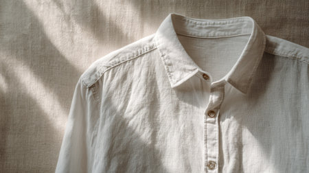 White cotton shirt mockup flat on textured linen backdrop, natural aesthetic with gentle light and shadow playの素材