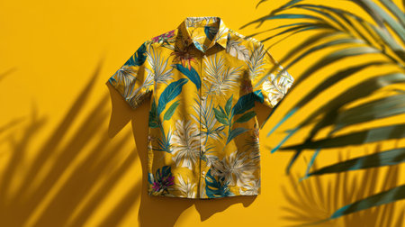 T-shirt on yellow background with palm leaves shadows. Flat lay.の素材