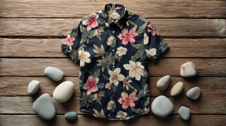 Thin fabric shirt mockup with bold floral Hawaiian design, styled on a rustic wooden table with beach stones aroundの素材