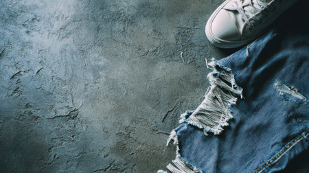 A single pair of ripped long jeans with frayed edges laid flat on a textured surface, trendy urban style mockupの素材