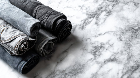 Rolled-up long jeans placed on a modern marble surface, contemporary minimalist fashion mockup designの素材