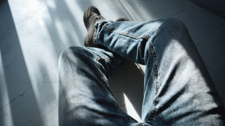 Long jeans mockup, worn, creased, natural lightの素材