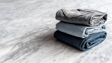 Long jeans mockup, neatly rolled up on a white marble tableの素材