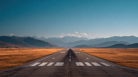Aerial view of a clean, empty airport runway stretching across the flat landscape under a clear sky.の素材
