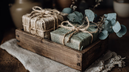 A rustic wooden crate filled with small craft gift boxes, tied with natural hemp string and decorated with eucalyptus leavesの素材