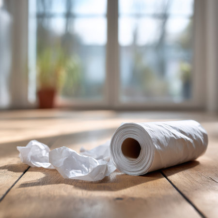 Tissue paper roll unrolling across a wooden floor, playful and casual concept with bright daylight atmosphereの素材