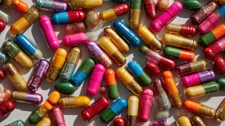 A heap of multicolored capsules on a plain background, creating a chaotic yet symbolic visual of pharmaceutical variety and medical complexityの素材