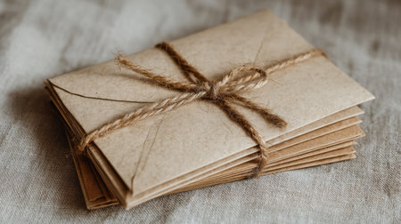 A stack of envelopes tied together with a thin jute rope, placed on neutral linen fabric, giving a natural and organic lookの素材