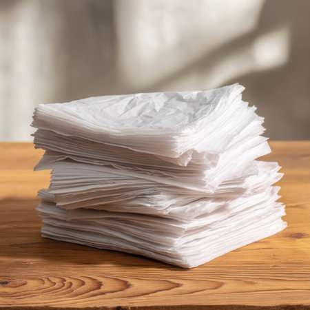 A neatly stacked pile of white tissue paper sheets on a wooden table, soft texture highlighted with natural light, perfect for packaging or hygiene themesの素材