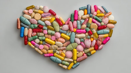 A variety of colorful tablets and capsules arranged in the shape of a heart, symbolizing health, medical care, and the importance of proper treatmentの素材