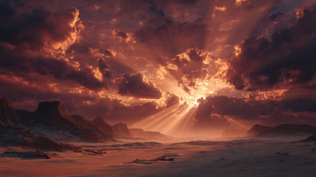 The sun casting dramatic rays across a desert landscape, high-definition glow in movie-style realism, creating intense heat and atmosphereの素材