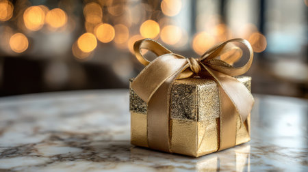 Close-up of a luxury gift box wrapped in gold paper with an elegant satin bow, sitting on a marble surface with bokeh light in the backgroundの素材