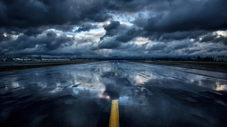Rain-soaked airport runway, shiny surface reflecting moody clouds overhead, with dramatic atmosphere.の素材