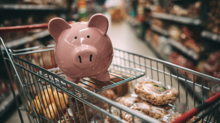 A piggy bank placed inside a shopping cart filled with groceries, representing budget management, frugal living, and family expensesの素材