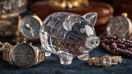 A luxury piggy bank made of crystal placed beside jewelry and watches, symbolizing high-value savings and wealth managementの素材