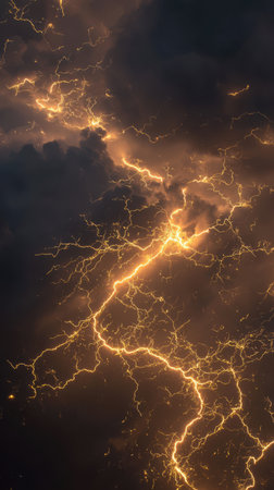 Yellow lightning bolts captured in slow motion effect, glowing across a night storm with radiant golden sparks and branching arcsの素材