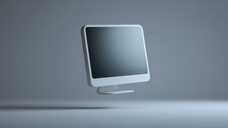 Monitor mockup floating in mid-air with soft drop shadow on neutral gradient background, futuristic and minimal design concept -の素材