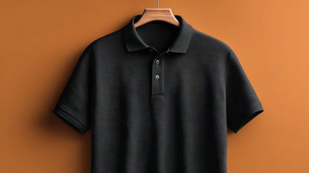 A black polo shirt mockup on a solid color background.の素材