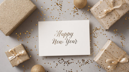 Elegant greeting card mockup with metallic Happy New Year text, surrounded by glitter confetti and wrapped giftsの素材