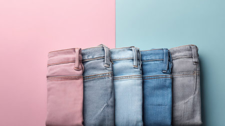 Minimalist flat lay of long jeans with pockets facing up, clean pastel background for e-commerce mockup or fashion brandingの素材