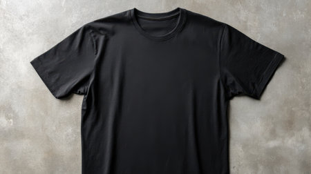 Blank black t-shirt laid flat on a concrete floor, high contrast lighting emphasizing texture and clean designの素材