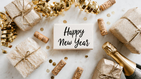 Festive flat lay featuring wrapped presents, champagne corks, metallic streamers, and Happy New Year greeting cardの素材