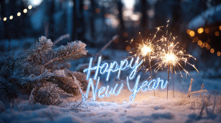 Snowy outdoor scene with glowing Happy New Year sign, illuminated sparklers, and pine branches dusted with frostの素材
