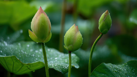 Three lotus buds in focus, one pointing upward and two bending gracefully downward, green leaves shimmering with dewdrops, serene lotus pond scenery, high-resolution photographyの素材