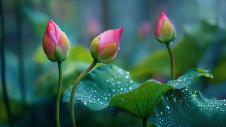 Three lotus buds in focus, one pointing upward and two bending gracefully downward, green leaves shimmering with dewdrops, serene lotus pond scenery, high-resolution photographyの素材