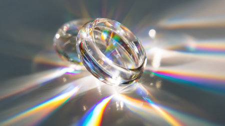 Glass refraction creating rainbow lens flare and light reflections, forming a clean transparent backgroundの素材