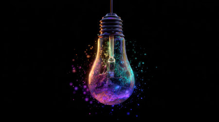 A dreamy glowing bulb with rainbow liquid glowing within, surrounded by delicate luminous particles floating in darknessの素材