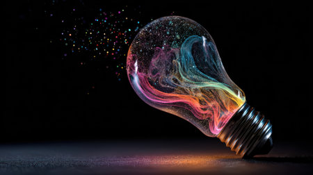 Artistic glowing lightbulb with colorful rainbow liquid swirling inside, emitting luminous particles of light in a dreamy dark spaceの素材