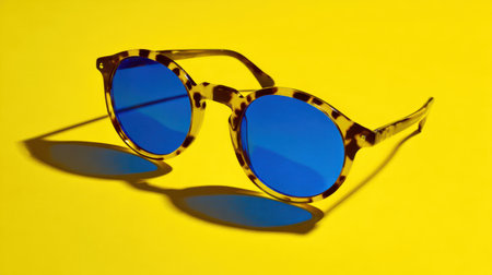 Sunglasses placed diagonally on a bright yellow background for a bold and playful mockup styleの素材
