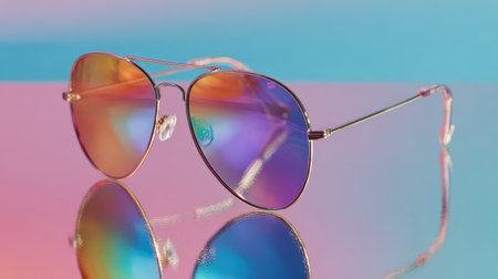 Sunglasses on a mirrored surface reflecting pastel-colored background, creating a futuristic mockup styleの素材