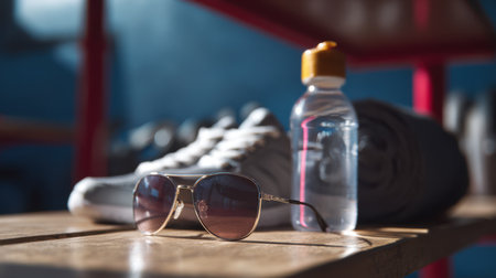 Sporty sunglasses resting on a gym bench with a water bottle and sneakers in the background, fitness lifestyle product mockupの素材