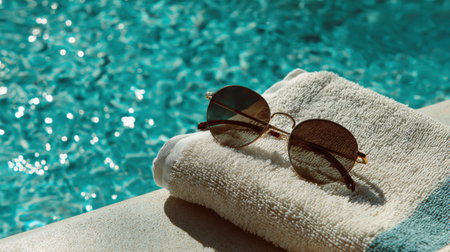 Sunglasses resting on a folded beach towel beside a pool with shimmering turquoise water reflecting sunlight, vacation aestheticの素材