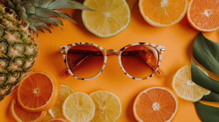 Sunglasses surrounded by tropical fruits like pineapple and orange slices, styled for a summer mockupの素材