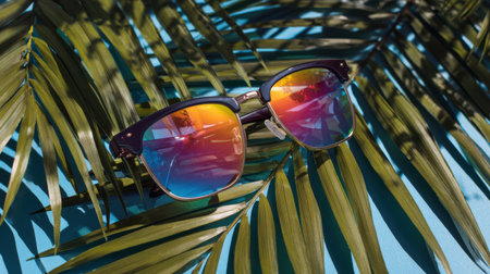 Sunglasses with colorful reflective lenses resting on tropical palm leaves, creating a vibrant summer mockupの素材