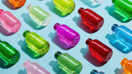 Plastic water bottles arranged in a grid pattern on a flat background, top-down perspective with clean and even lightingの素材