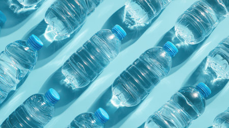 Plastic water bottles arranged in a grid pattern on a flat background, top-down perspective with clean and even lightingの素材