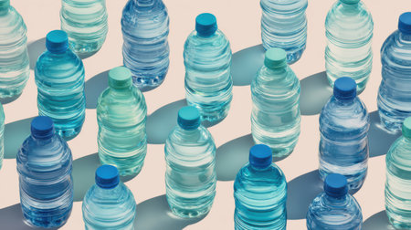Multiple plastic water bottles neatly arranged in rows on a plain neutral background with subtle lighting, showcasing their glossy surfacesの素材