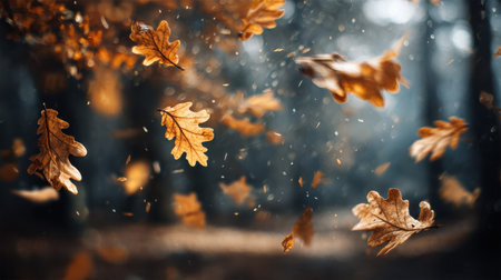 Golden oak leaves drift through the crisp autumn air, softly falling against a blurred forest backdrop, creating a dreamy seasonal atmosphereの素材