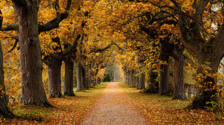 Pathway lined with oak trees in autumn, golden leaves falling gently and carpeting the walkwayの素材