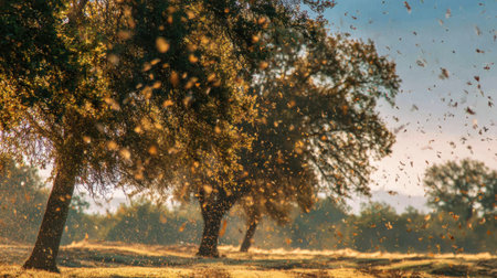 Wind blowing through oak trees, leaves cascading down across a rural countryside fieldの素材