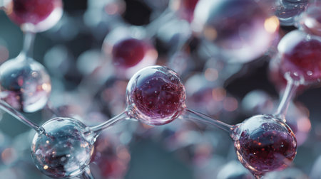 Floating glass-like atoms connected in abstract structures, futuristic background for cosmetic skincare technology and molecular researchの素材