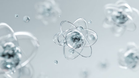 Crystal-clear atom models floating on a soft white gradient, abstract design concept for medical, skincare, and cosmetic technologyの素材