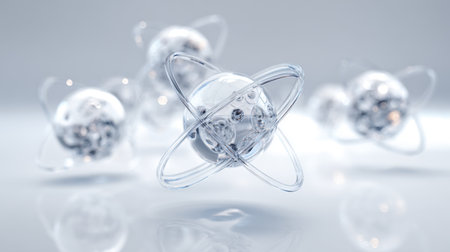 Crystal-clear atom models floating on a soft white gradient, abstract design concept for medical, skincare, and cosmetic technologyの素材