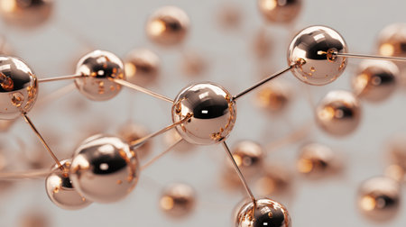 Minimal 3D rendering of glossy molecules forming a network, symbolizing medical science, biochemistry, and cosmetic product innovationの素材