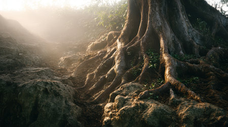 Tropical rainforest with big old tree roots and sunlight.の素材