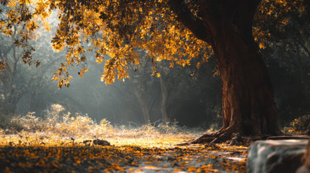 Autumn landscape with yellow leaves and trees in the forest at sunsetの素材